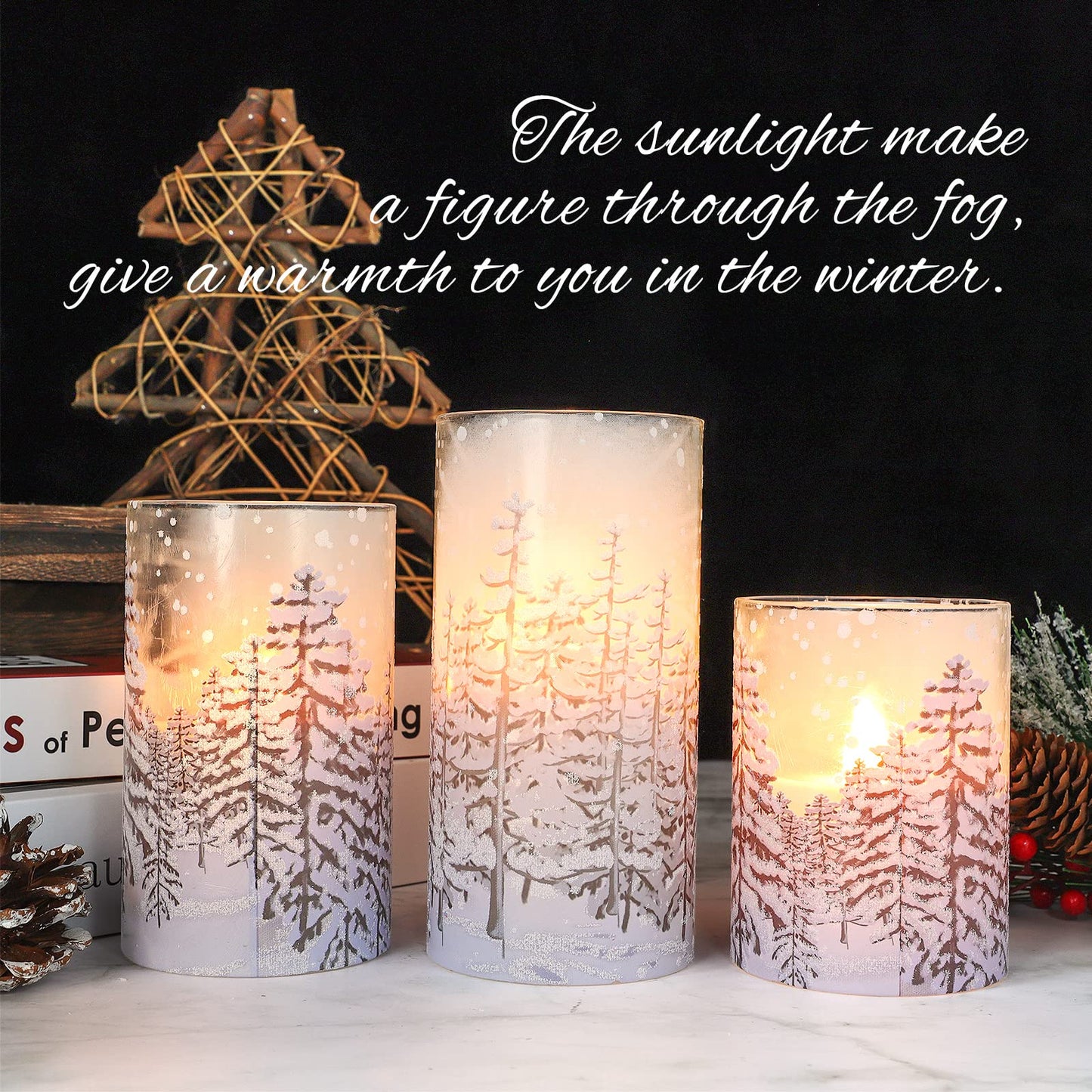 REVELBUNNY Christmas Tree Flameless Candles, Flickering Battery Operated LED Candles with Remote Timer, Snowflake Iced Glass Pillar Candles for Holiday Party Home Decoration Christmas Gifts, Set of 3