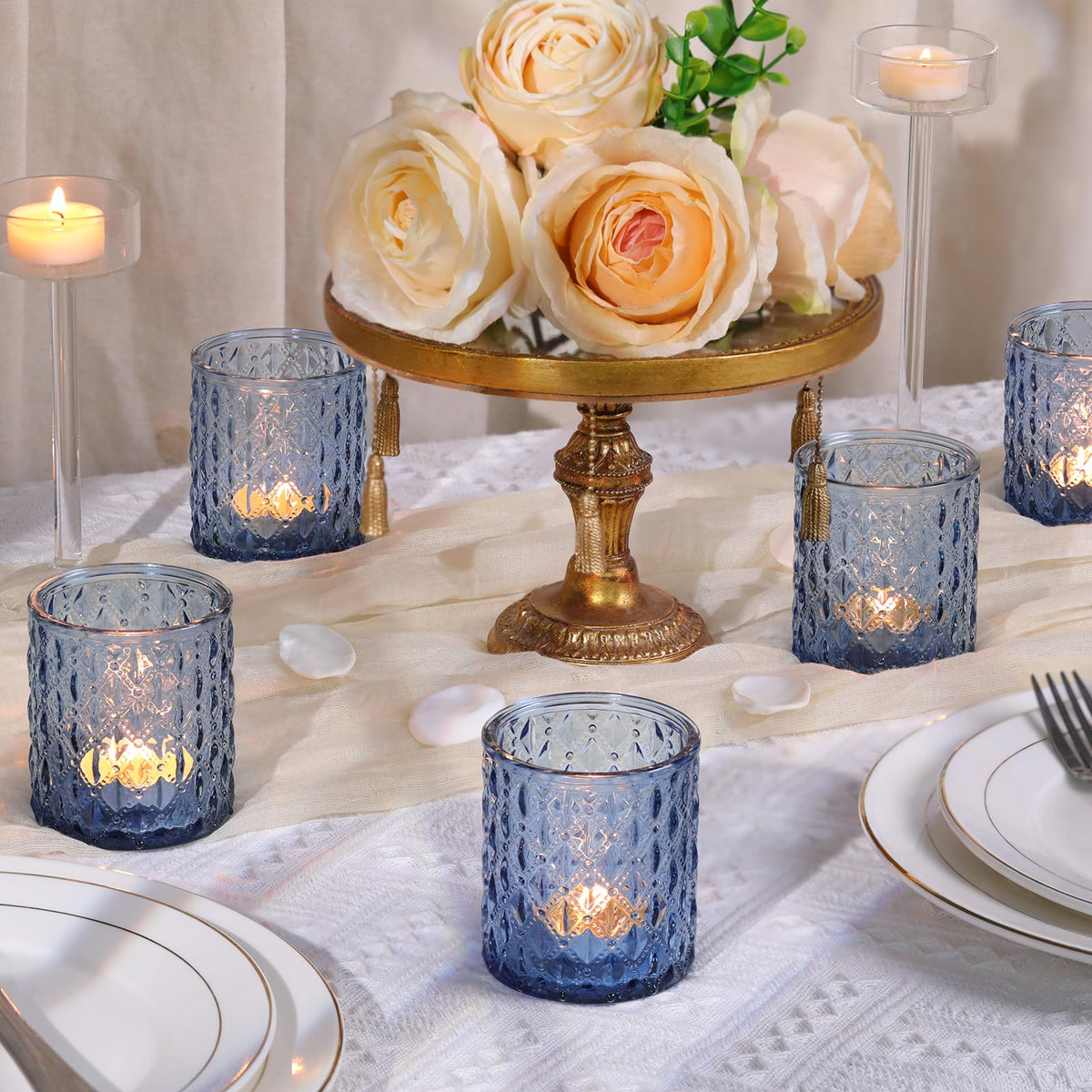 8 Pcs Large Votive Candle Holders Blue Tea Light Candle Holders Glass Candle Holder for Wedding, Bridal Shower, Table Centerpiece, Party, Home Decor