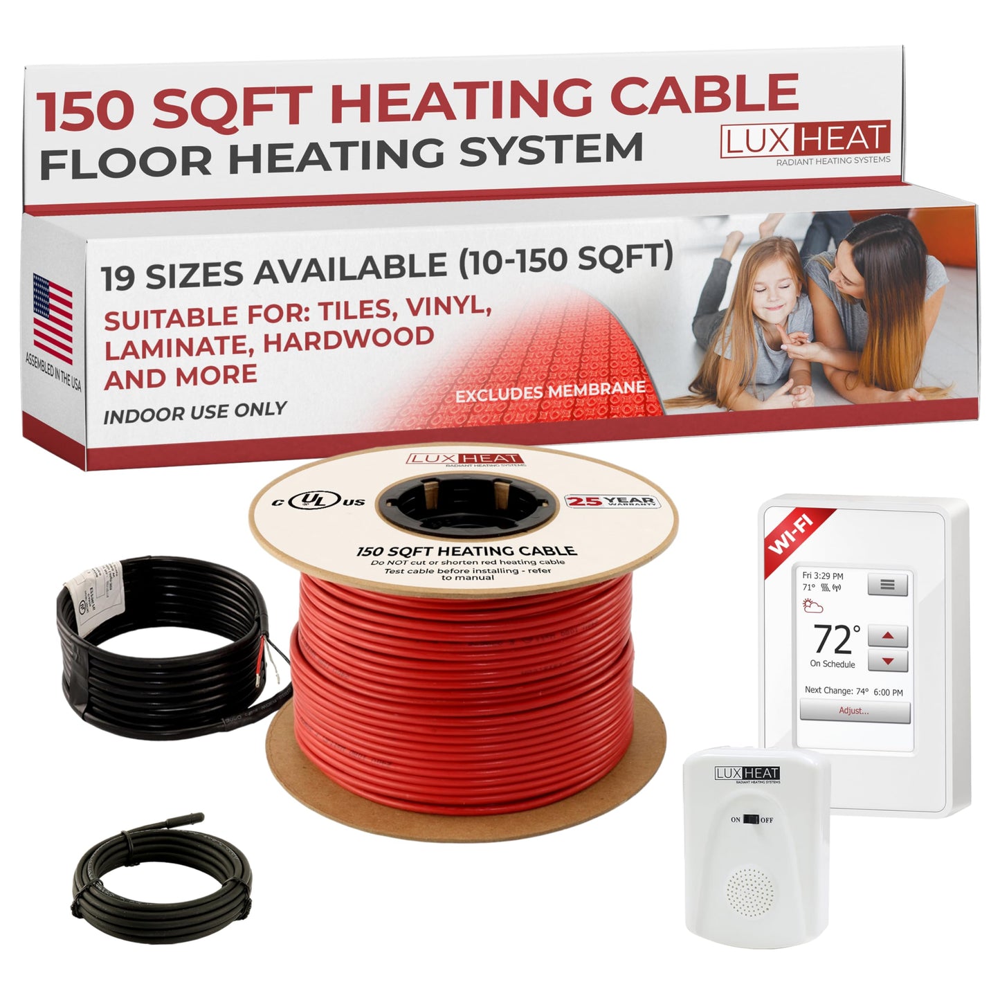 LuxHeat 150sqft Floor Heating Cable Kit - 120v Under Tile Floor Heater Kit - Heated Flooring System Includes UWG4 WiFi Programmable Thermostat w/GFCI, Heating Cable, Alarm & Flooring Sensor