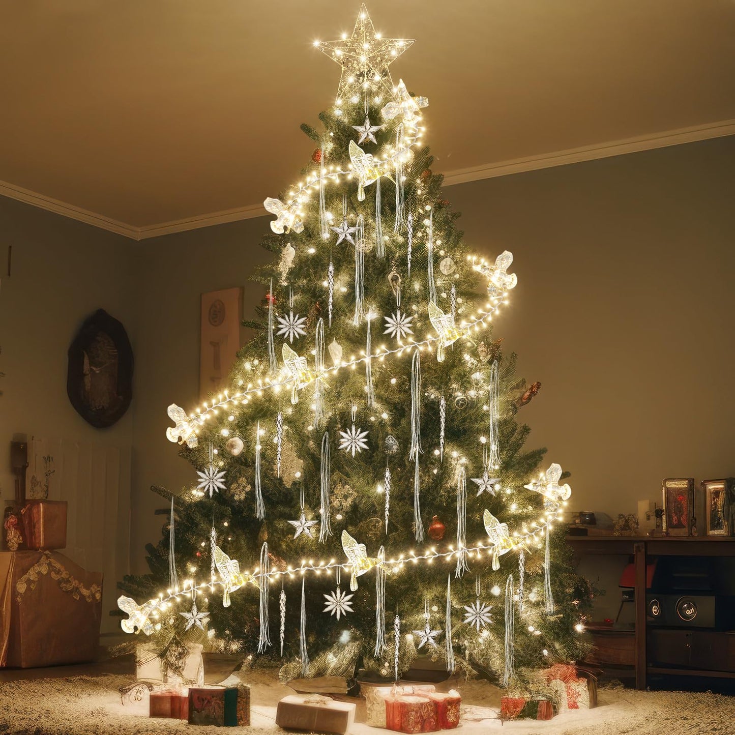 Mudder 49 ft Christmas Tree Ring Lights with Clear Ornaments Acrylic Hummingbird Snowflake Star Icicle and Iron Wire 300 LED Crystal Garland Fairy Lights for Indoor Xmas Tree Winter Party Decor