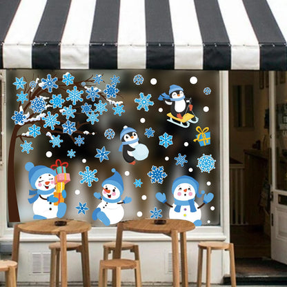 Whaline 6 Sheet Large Winter Window Clings Christmas Snowflake Tree Snowman Penguin Reusable Window Decals for Xmas Party Home Glass Decor (Blue)