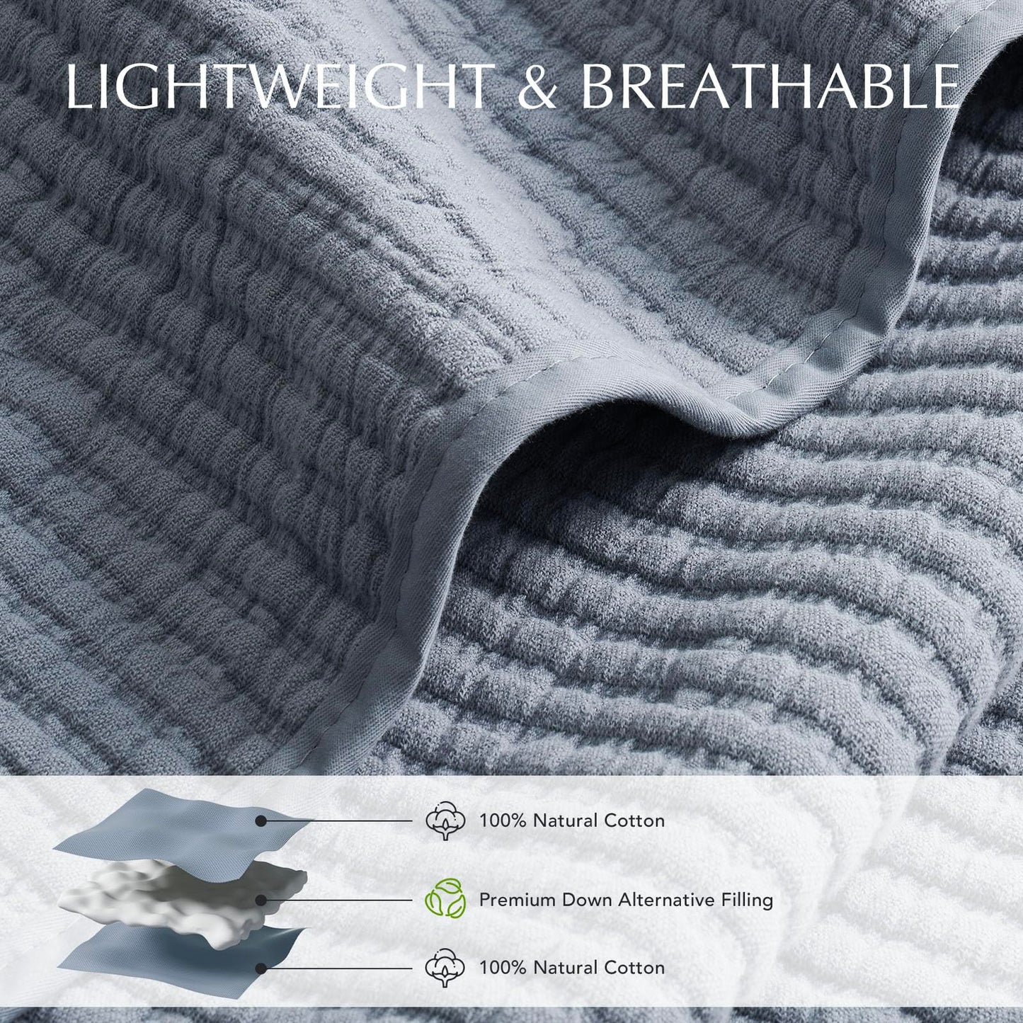 EVERGRACEHOME Cotton Coverlet Set Full Queen Size 3 Pieces, Lightweight Soft Ribbed Matelassé Bedspread Quilt Set, Cozy Oversized Quilted Bedding Set with 2 Pillow Shams for All Seasons, Blue Linen