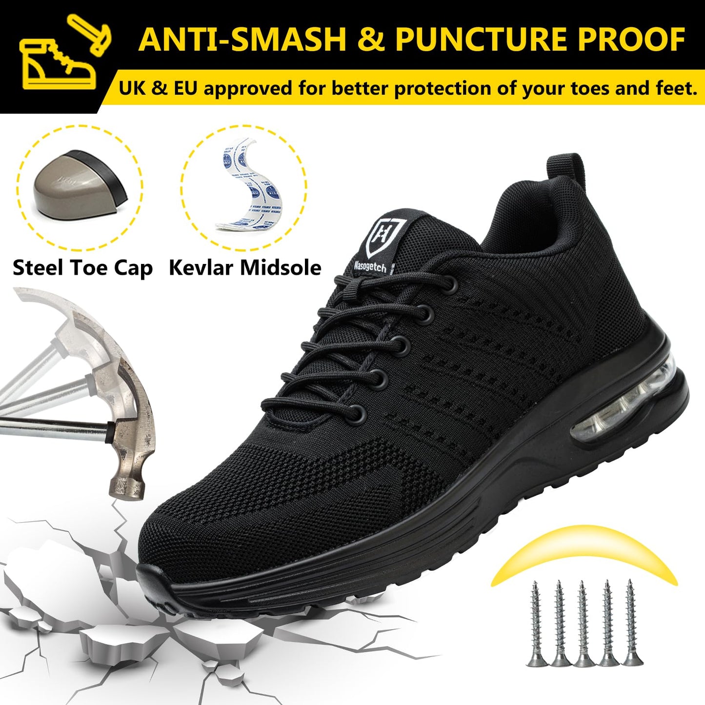 Baofular Safety Trainers Men Womens Steel Toe Trainers Lightweight Comfortable Safety Shoes Work Trainers Non Slip & Breathable Black 9 UK 43 EU 265