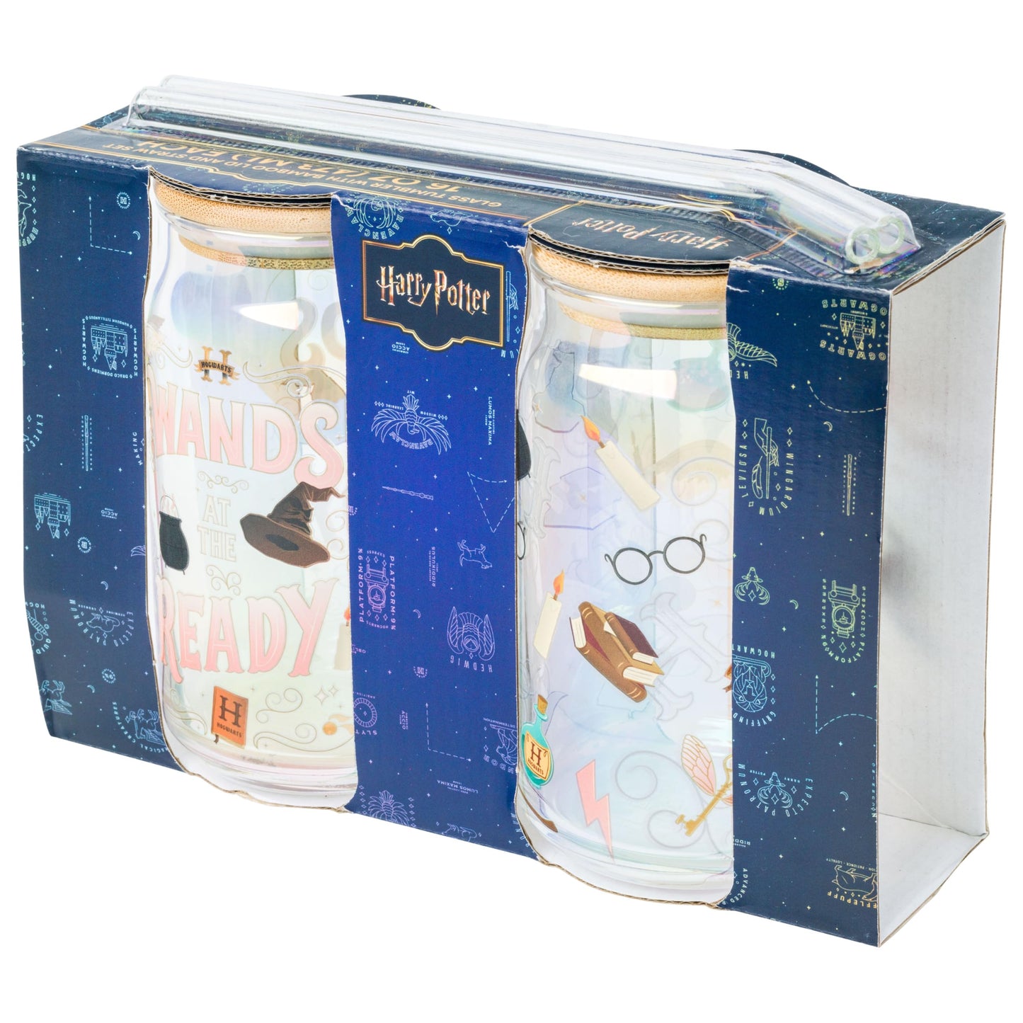 Silver Buffalo Harry Potter Iconic Icons Pattern Wands at the Ready 2 Pack Glass Jar Tumbler with Bamboo Lid and Glass Straw, 16 Ounces