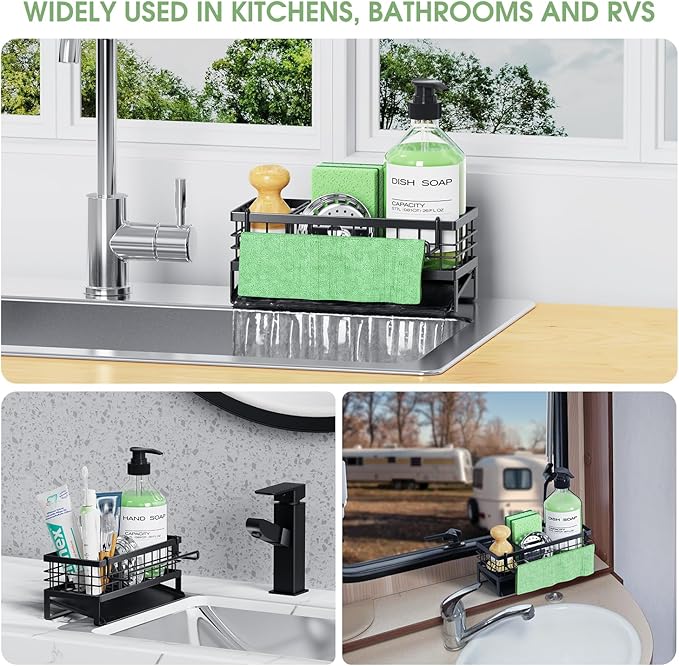 Self-Draining Kitchen Sink Caddy, Rustproof Non-Slip Metal Sponge Holder