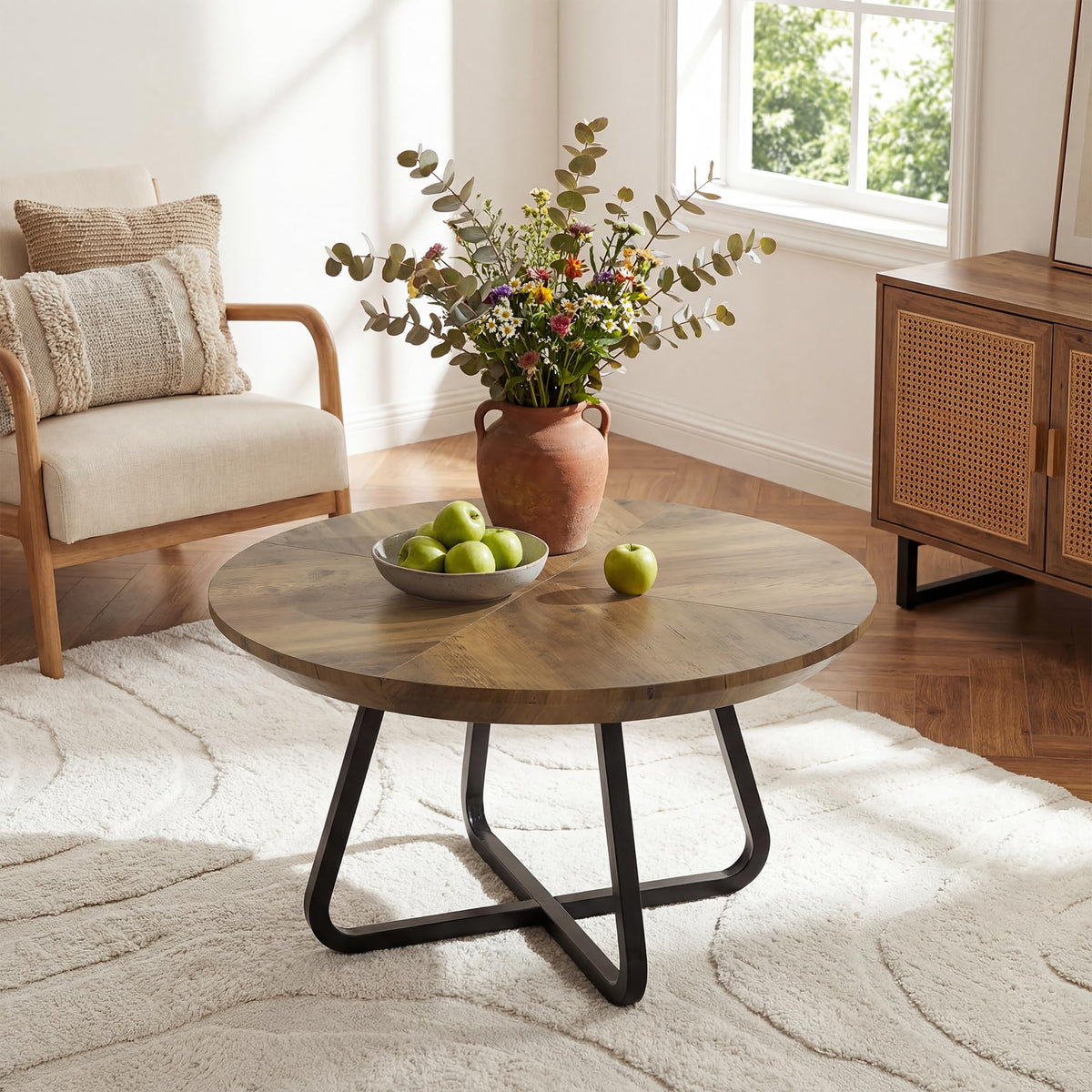 LITTLE TREE 31.5 Inches Round Coffee Table, Modern Wooden Center Table for Living Room, Home Office, Small Space, Easy Assembly, Rustic Brown