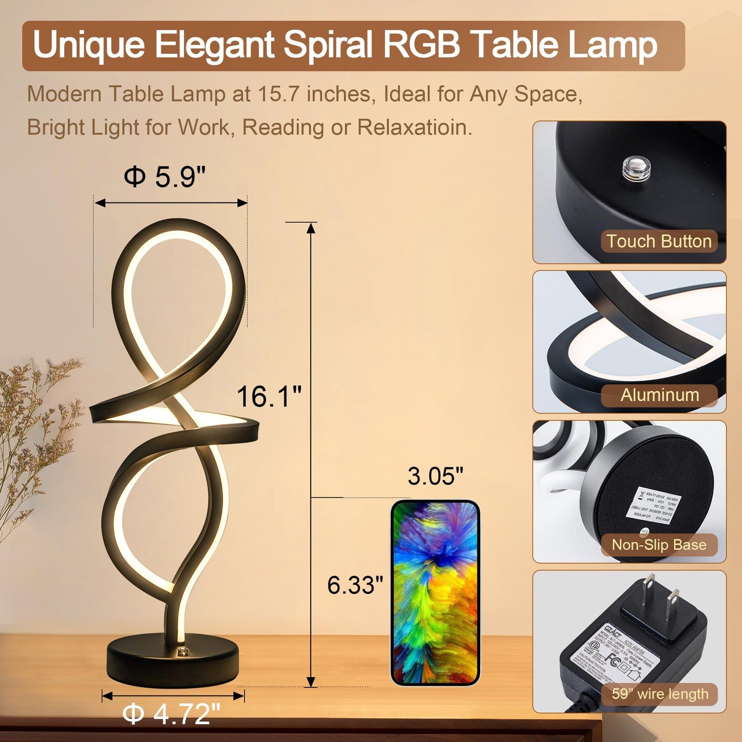 Mayful RGB Modern Table Lamp with 15W LED Spiral Spiral Design, Black Nightstand Lamp & Small Bedside Lamp, Touch Dimmable with 7 Colors & 10 Modes for Bedroom, Living Room, Office