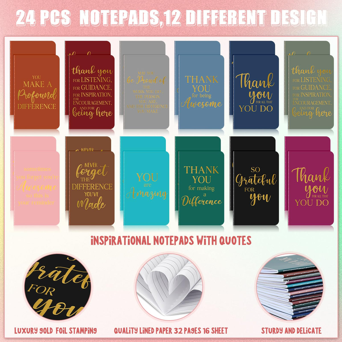 Ragnhild 48 Pcs Thank You Gifts Bulk Motivational Pens Inspirational Notepads, Mini Motivational Notebooks Gifts for Employee Teacher Staff Volunteer Coworker