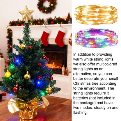 Liecho 24 Inch Tabletop Mini Christmas Tree, Miniature Pine Christmas Tree with Hanging Ornaments, Battery Operated Artificial Xmas Tree, Best DIY Christmas Decorations-Gold