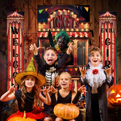 WovWeave 3 Pcs Halloween Creepy Carnival Decorations Include 2 Evil Circus Porch Banner and Scary Ticket Booth Circus Theme Door Cover for Halloween Backdrop Hanging Theme Party Outdoor Decorations