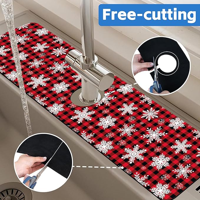Christmas Snowflake Kitchen Sink Splash Guard Mat Buffalo Plaid Absorbent Fast