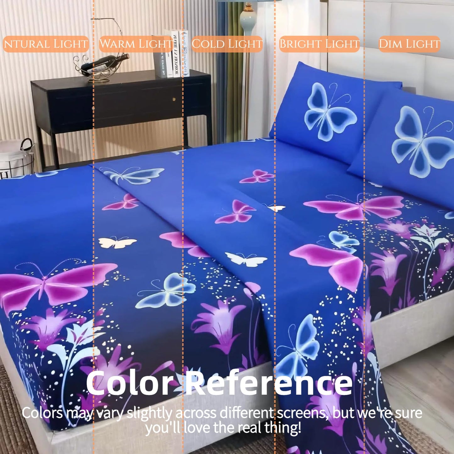 SDY 4 Pieces Butterfly Bedding Sheets Set Full Size Blue Vivid Butterflies Pattern Sheet Set with 1 Deep Pocket Fitted Sheet + 1 Top Flat Sheet + 2 Pillowcases for Kids Teens Adults (Butterfly,Full)