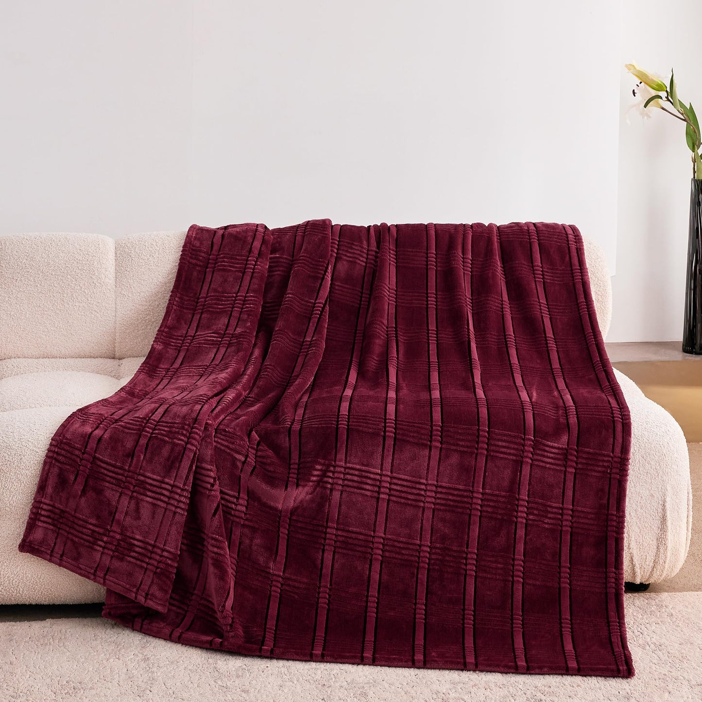 KORBLISS Super Soft Flannel Throw Blanket 50x60 Inches, Premium Checkered Jacquaed Silky Fleece Lightweight Bed Blanket All Season Use, Burgundy Strip, 50"x60"