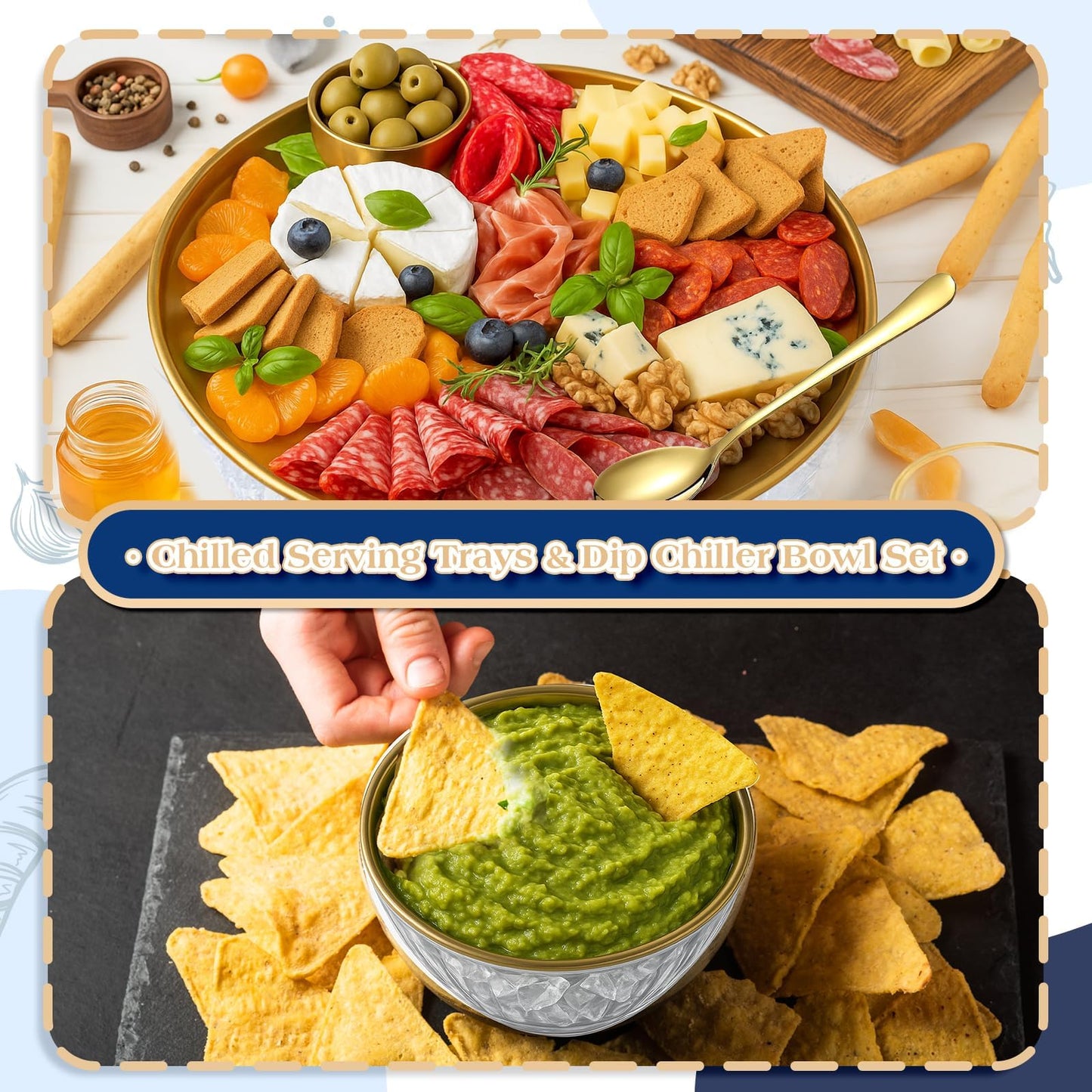 4 Set Gold Chilled Serving Tray and Dip Bowl for Parties, Chilled Serving Bowl Veggie tray Shrimp Cocktail Serving Dish with Salad Spoon & Fork, Tong and Forks for Fruit Seafood Vegetable Appetizer