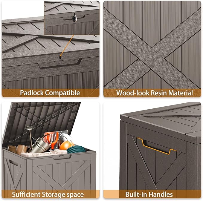 ROJIK Outdoor Storage Housing Deck Box - Waterproof Patio Furniture, Garden Tools, Cushions, Pool Accessories Storage Bench with Lockable Lid and Side Handles (Grey 38 Gal)