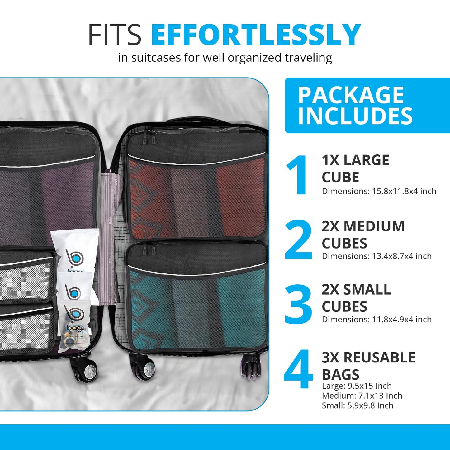 bago 8 Pcs Packing Cubes For Travel - 5 Packing Cube with 3 ZipLock Bags - Travel Cubes to Get Maximum Storage, Save Time & Effort to Pack - Happy Traveling (GreenRedPurpleYellow)