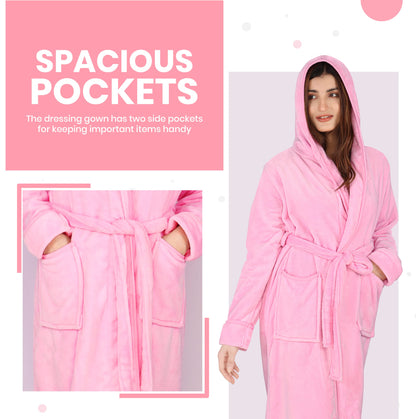 NY Threads Luxury Ladies Hooded Dressing Gown Super Soft Fleece Women's Robe Comfortable Loungewear and Nightwear, Pink, Medium