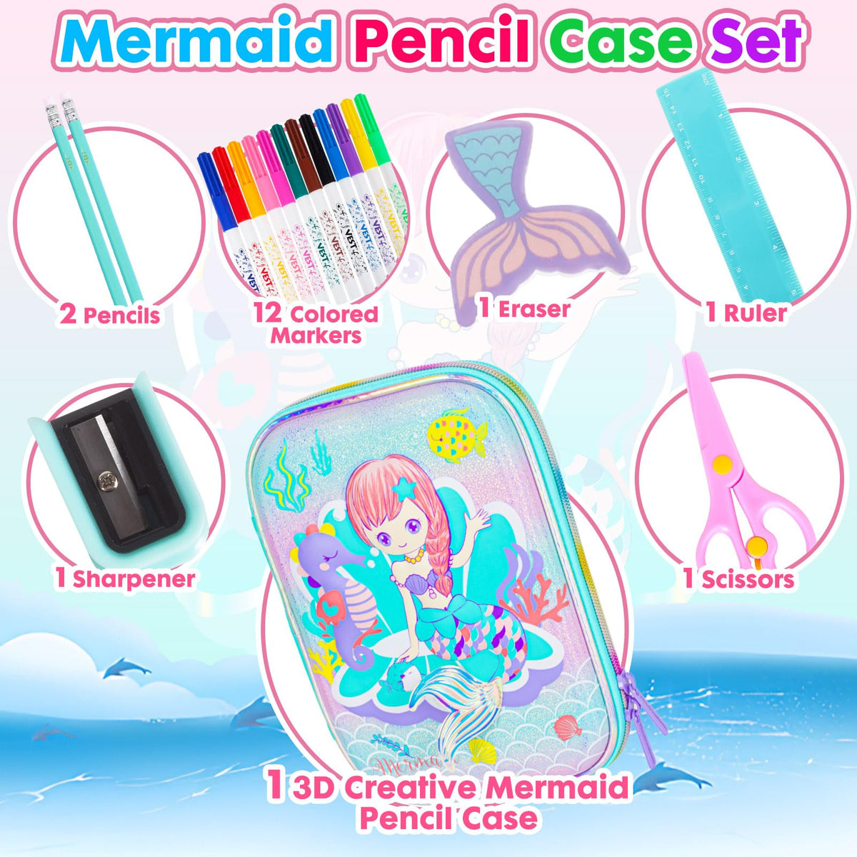 YOYTOO Mermaid Pencil Case Stationery Set for Girls, 3D EVA Big Capacity Cute Pencil Pen Case Bag with Zipper Office College School Storage Bag Pouch Holder Box Organizer