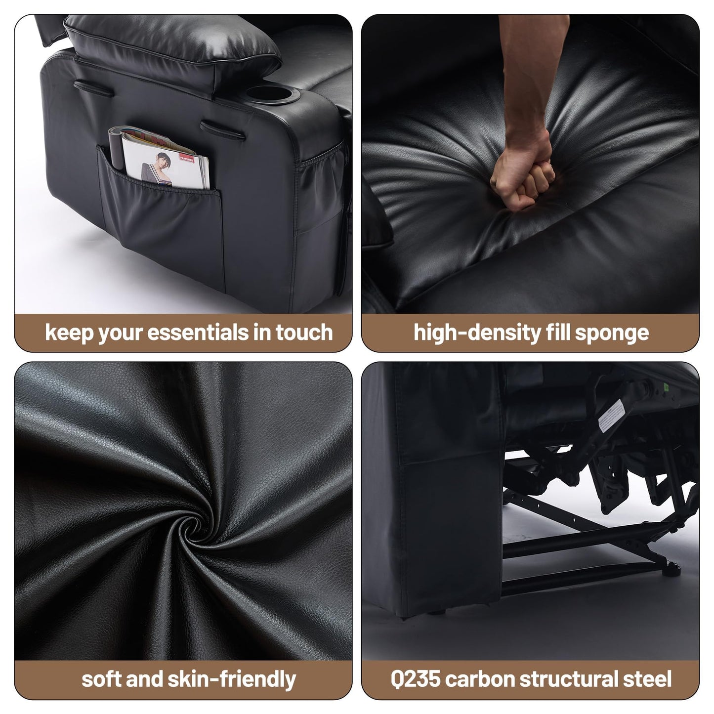 PU Leather Recliner Chair with Heat & 8-Point Massage, Extra Wide Manual Recliner for Adults, q235 Steel Frame, Side Pockets, 1.5X Comfort Arm & Back, Lazy Boy Sofa for Living Room or Bedroom - Black