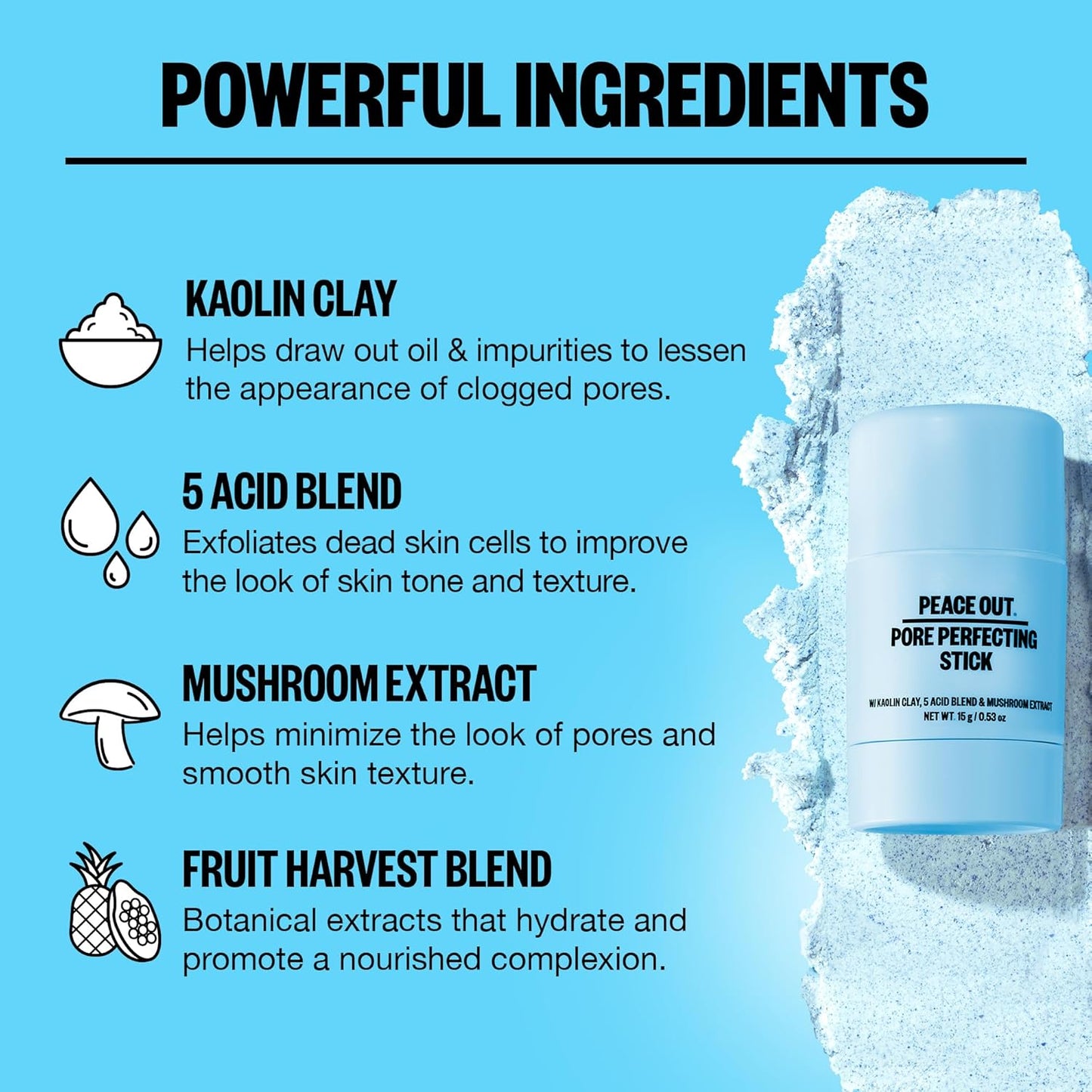 PEACE OUT Pore Perfecting Stick Acne Solution & Blackhead Remover, Glycolic Acid & Salicylic Acid Cleanser, Works Like a Face Wash, Skincare Facial Cleanser & Exfoliating Facial Scrub, 15g /0.53oz