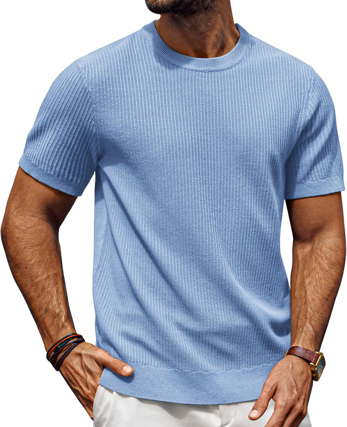 PJ PAUL JONES Knitted Shirt for Men Crew Neck Tees Short Sleeve Pullover Casual Slim Fit Men's T Shirts Light Blue