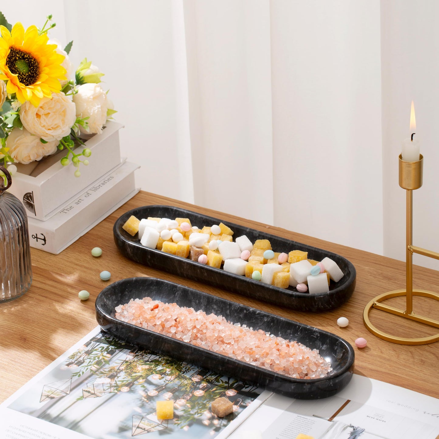 10.6’’ Marble Tray, Decorative Bowl for Home Decor, Natural Marble Key Bowl, Candy Bowl, Decorative Tray for Entryway Table, Vanity and Bathroom Countertop(Black)