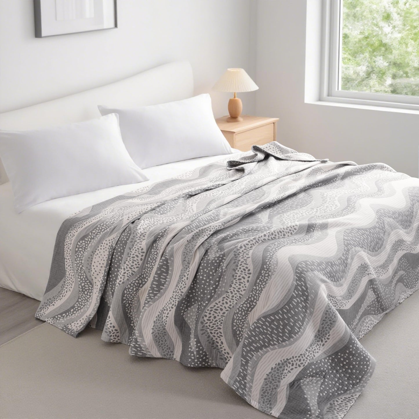 NTBAY 3 Layers Cotton Muslin 106x92 King Bed Blanket, Super Soft Breathable Thermal Yarn Dyed Quilt for Adults, Perfect Lightweight Blanket for Couch Sofa Bed All Seasons, Grey Wheat Waves