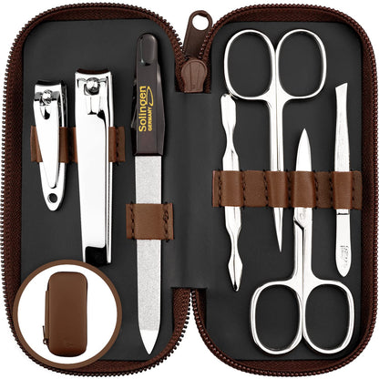 Manicure Set Solingen Made in Germany - 7 Piece Exclusive Finger & Toe Nail Clippers Kit for Women and Men in Real Leather Case, Color Brown