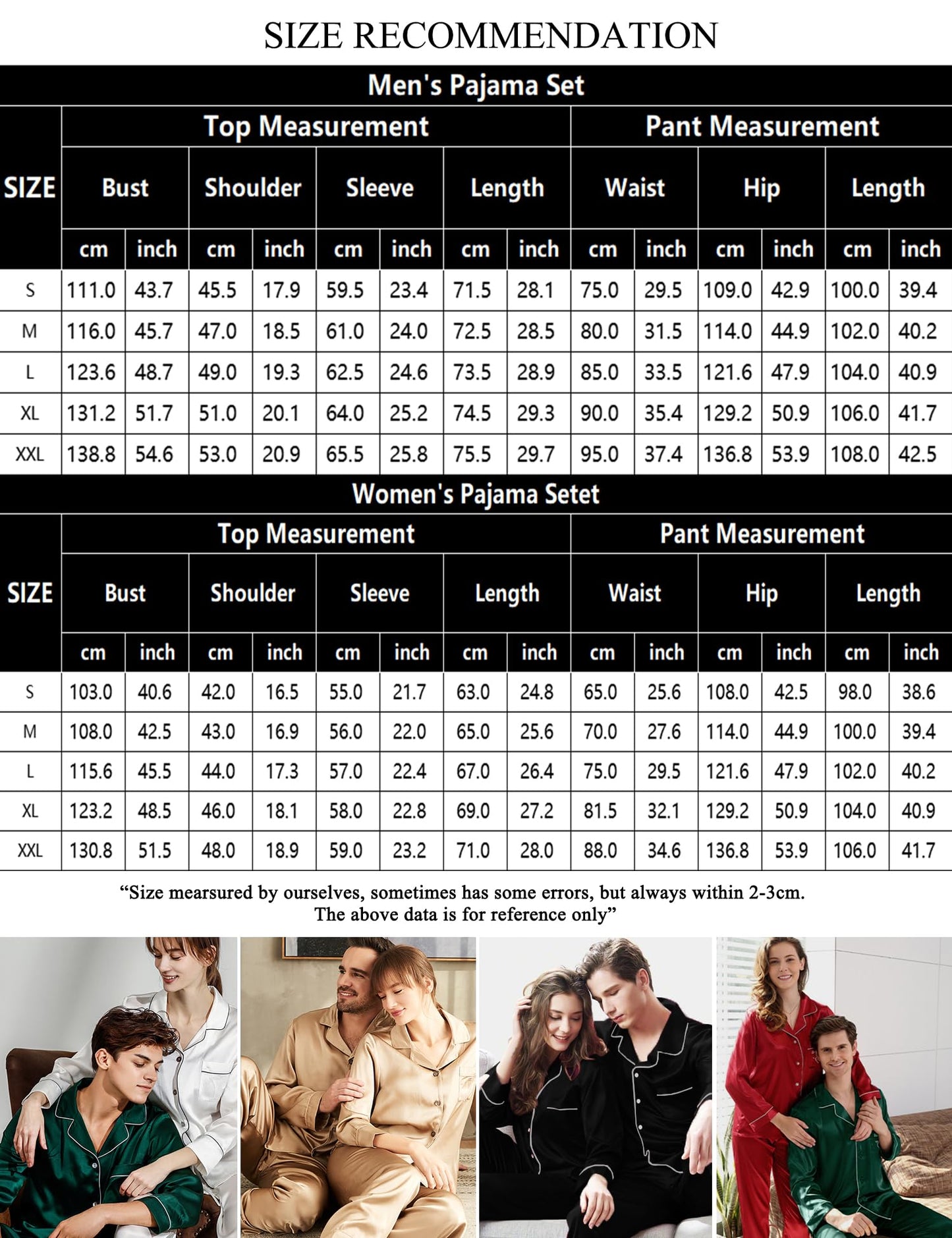SWOMOG Couples Matching Pajamas Set Women & Men Satin Long Sleeve Sleepwear Soft Button Down Pj Set Silk Loungewear Women Reda Medium