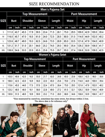 SWOMOG Couples Matching Pajamas Set Women & Men Satin Long Sleeve Sleepwear Soft Button Down Pj Set Silk Loungewear Women Reda Medium