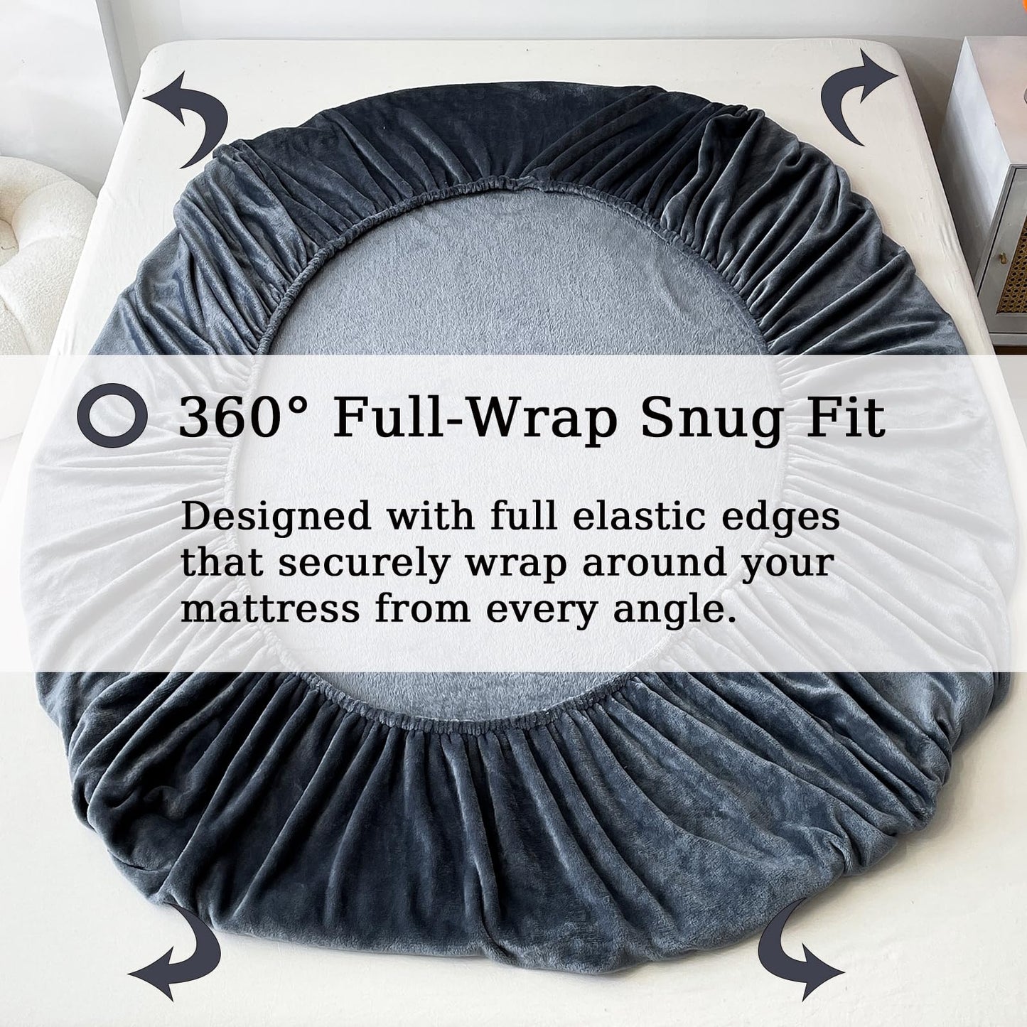 MorroMorn Luxury Plush Fleece Fitted Sheet Sets with 20" Deep Pocket for Thick Mattresses 360° Snug Fit Non-Slip, Ultra Soft 3-Piece Bedding Set Cozy Warm for Cold Sleepers (Dark Grey, Twin)