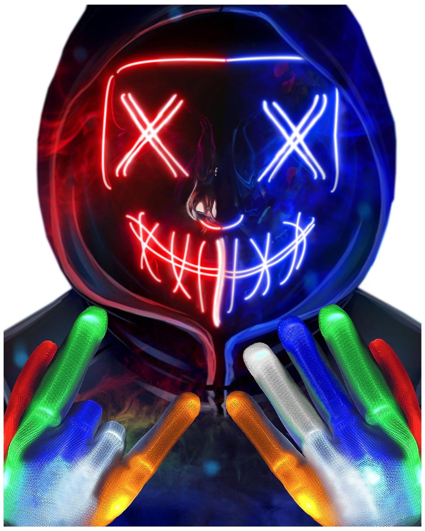 Sago Brothers Halloween Mask, LED Light up Mask Skeleton Gloves Set, Halloween Costumes for Boys Girls, Scream Scary Mask Redblue