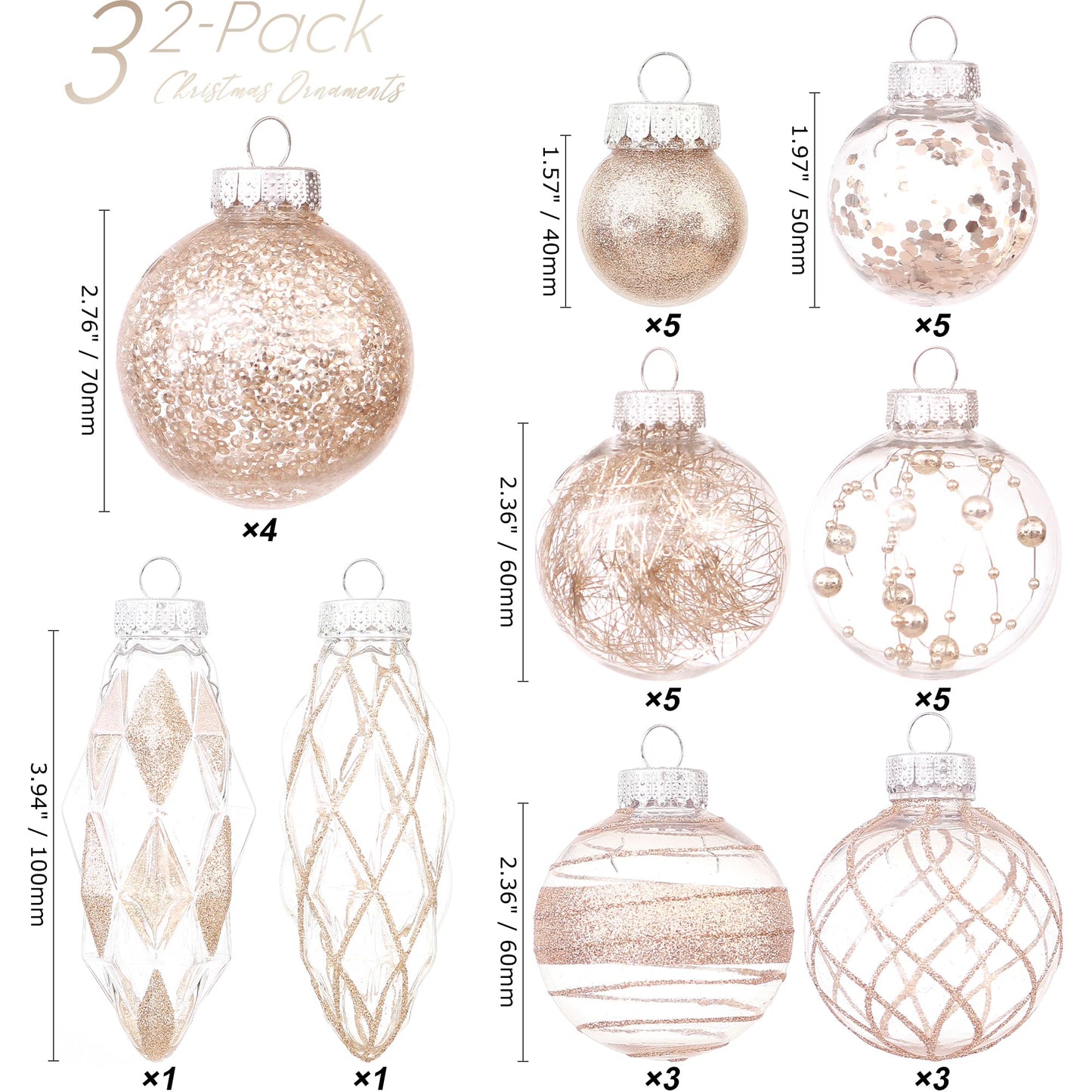Sea Team Multi-Size Shatterproof Clear Plastic Christmas Ball Ornaments, Pendants, Drops, Finials, Decorative Xmas Tree Baubles Set with Stuffed Delicate Decorations (32 Counts, Champagne)