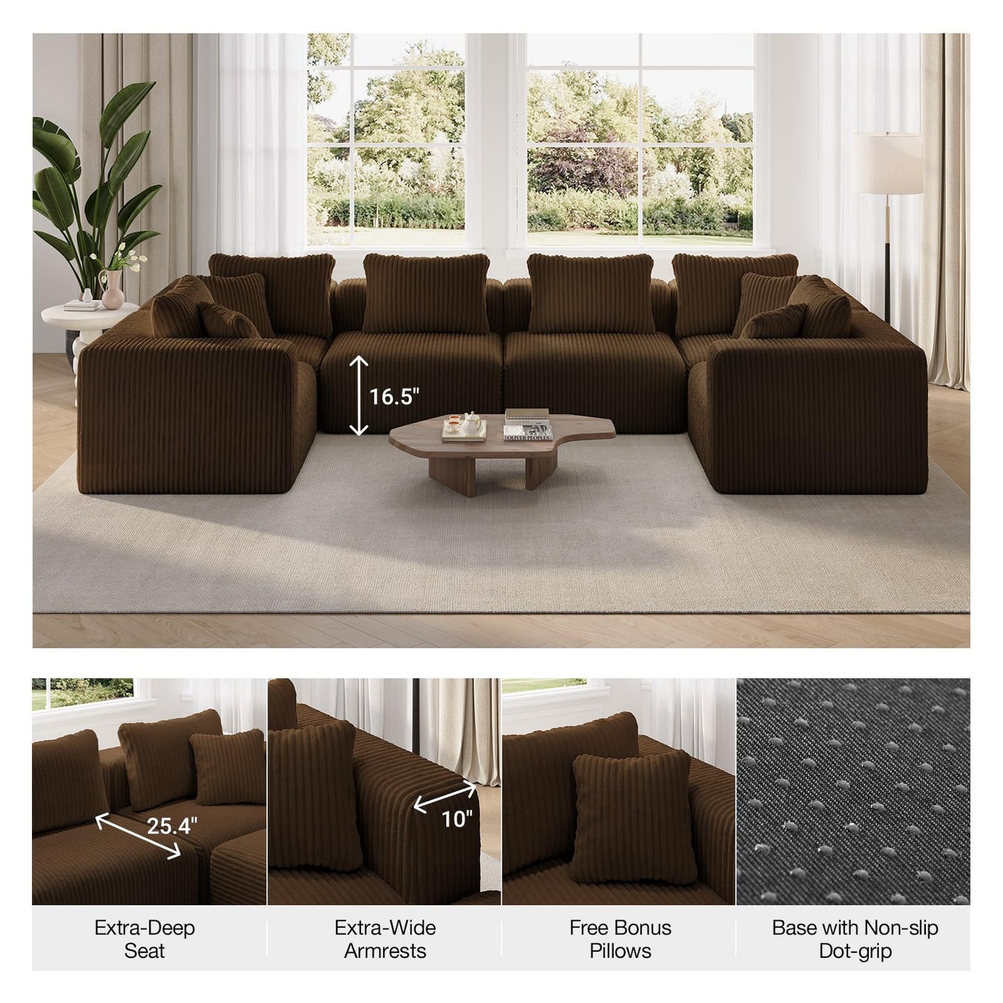 Novilla 141" Modular Sectional Sofa, Modern Cloud Sectional Couch with Smarts Coil® Support, U-Shape Boneless Couch for Living Room Apartments, No Assembly Required, Brown (4 Seat w/ 4 Ottoman)