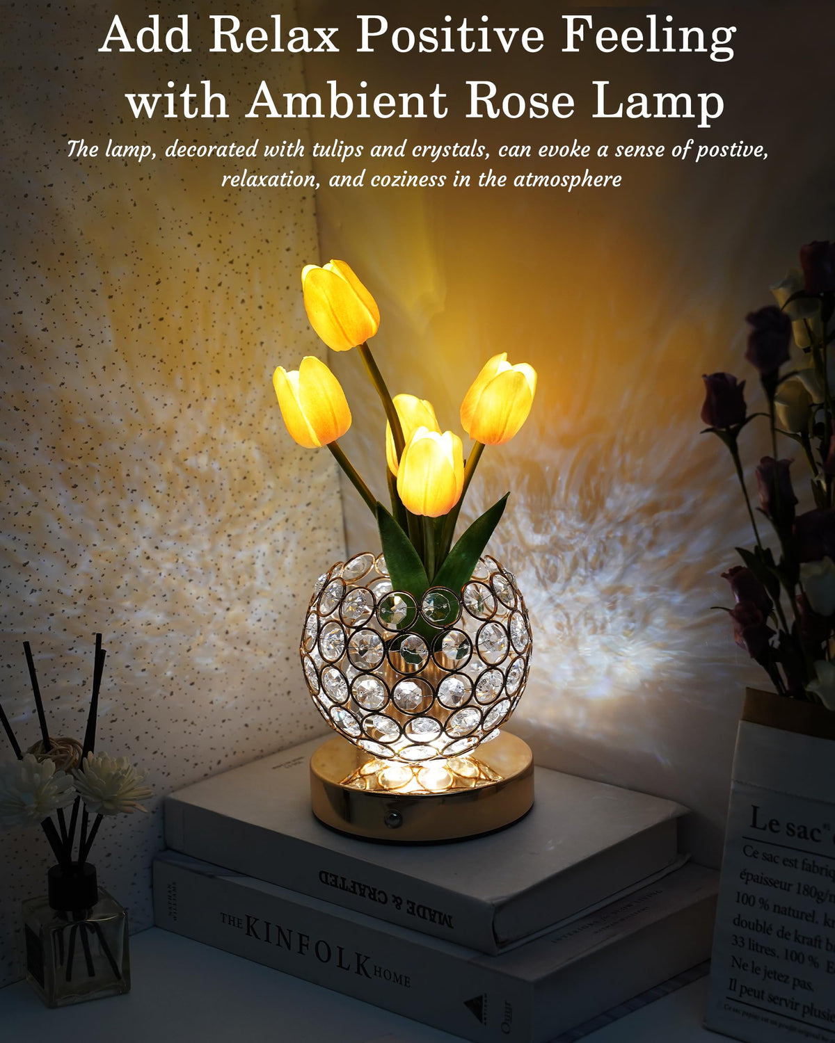 Cordless Tulip Flower Lamp, Adjutable Touch Dimming Crystal Night Light with Artificial Tulip Flower, Rechargeable LED Flower with Vase Lamp Romantic Decor for Bedside Nightstand, Gift for Mother