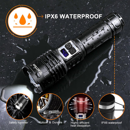 Relybo Torches LED Super Bright 1000000 Lumen, Rechargeable Torch Flashlight, Powerful Torches Battery Powered, 2 Switches, 4 Lighting Mode, High Powered Torch for Dog Walking Camping Hiking Emergency