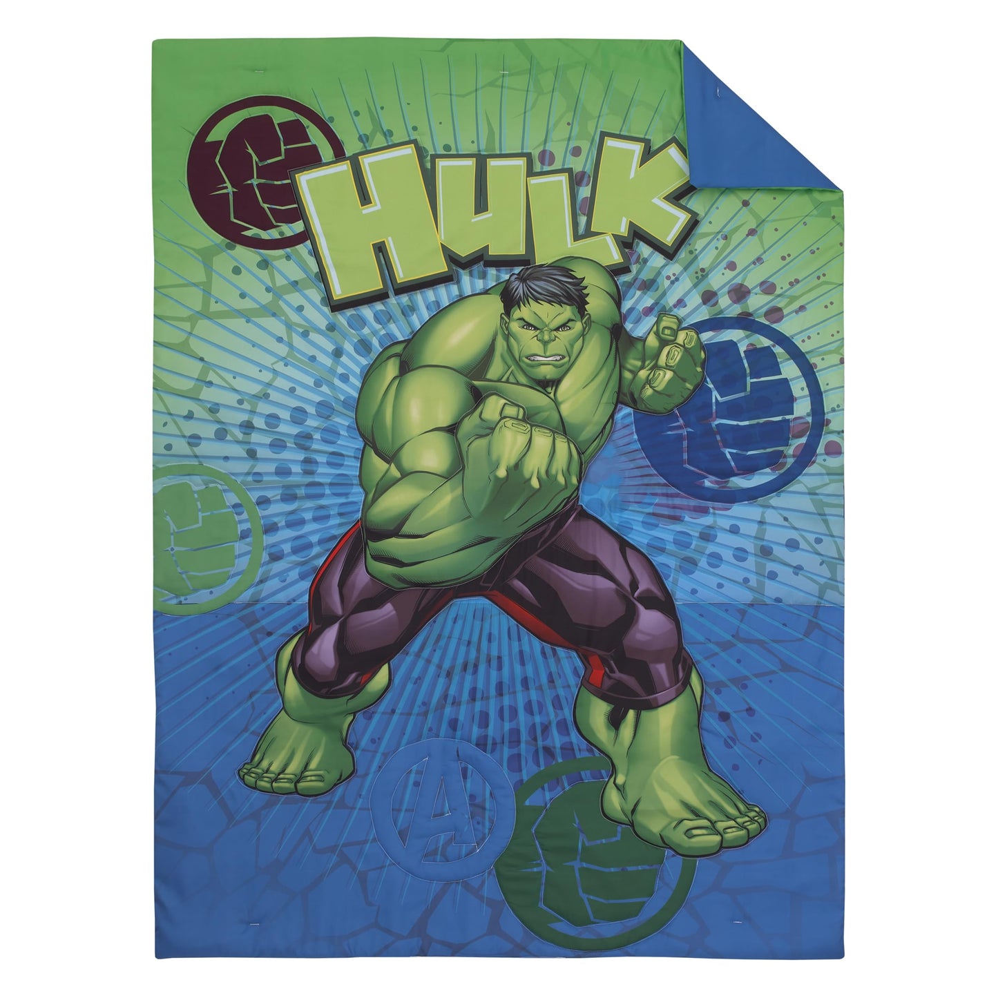 NoJo Marvel The Incredible Hulk Green, and Blue 4 Piece Toddler Bed Set - Comforter, Fitted Bottom Sheet, Flat Top Sheet, and Reversible Pillowcase