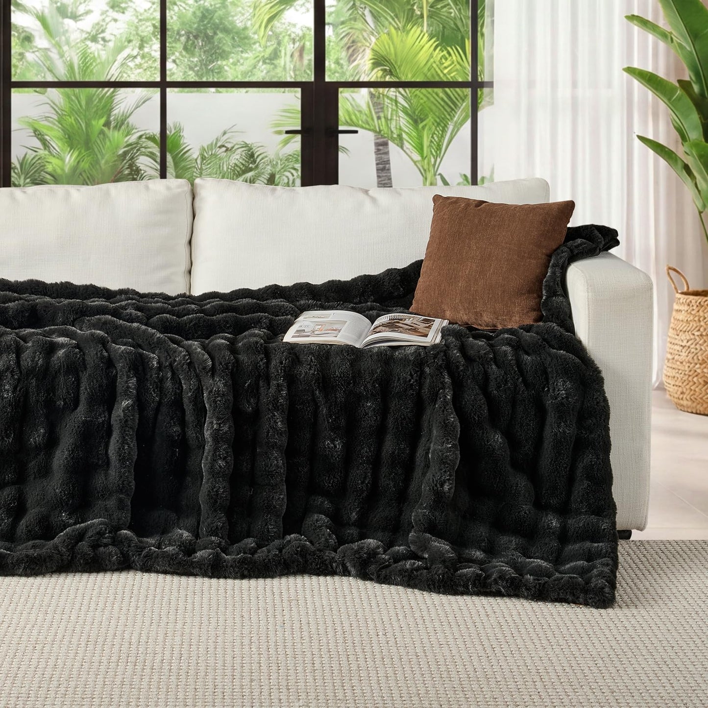 Lotus Karen Faux Fur Throw Blanket Black - Big Bubble Rabbit Fluff Blanket for Couch, Small Fluffy Fuzzy Cozy Blanket, Thick Furry Plush Shaggy Blankets, 50x60 Inches