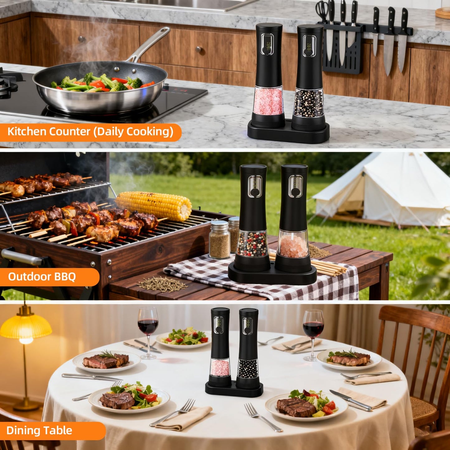 Electric Salt and Pepper Grinder, Rechargeable Automatic Pepper Mill with Base,5-Level Adjustable Coarseness, Display, LED Lighting, Large Capacity-Ideal for Kitchen, BBQ Gifts (1, Black-A)
