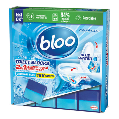 Bloo Toilet Block Original Blue, Coloured Water In Tank Blocks, Letterbox Sized Recyclable Box,16 x Cleaning blocks 800g