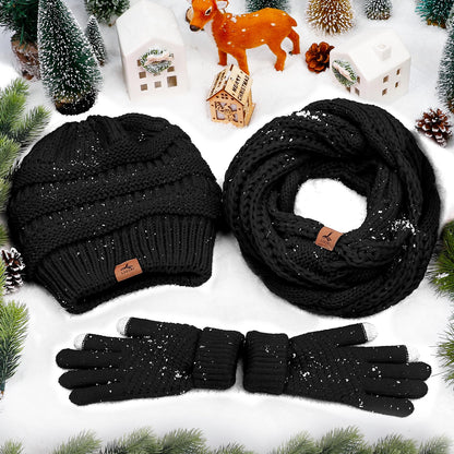 Warm Fleece Knit Beanie Hat and Touch Screen Gloves Set - Winter Gifts for Women and Men
