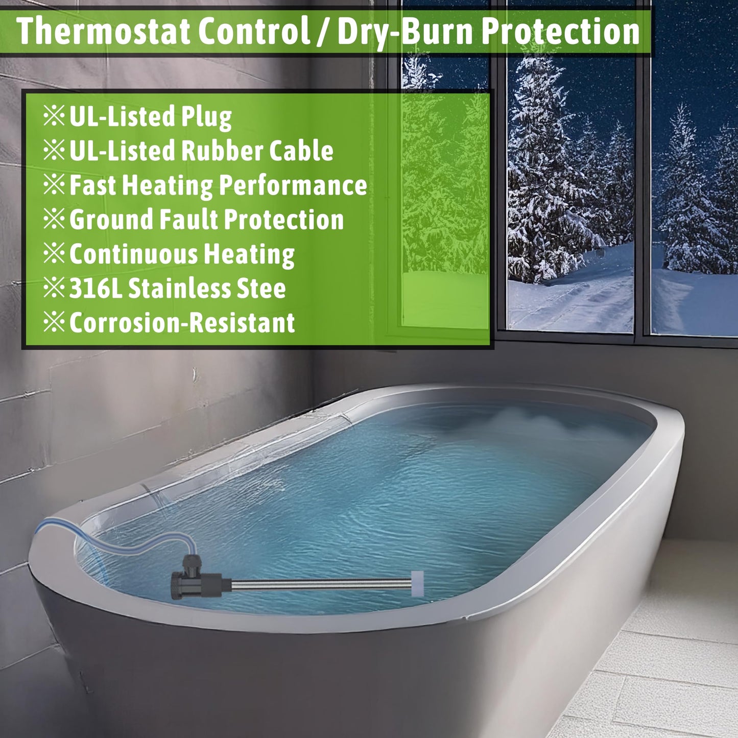 LINGLONGTEMP 1800W Submersible Hot Tub & Pool Portable Electric Immersion Water Heater with Temp Control for Pond, Bathtub, Inflatable Pool, Inground Pool, Sap, Above Ground Pool, Baptism & Baptistry