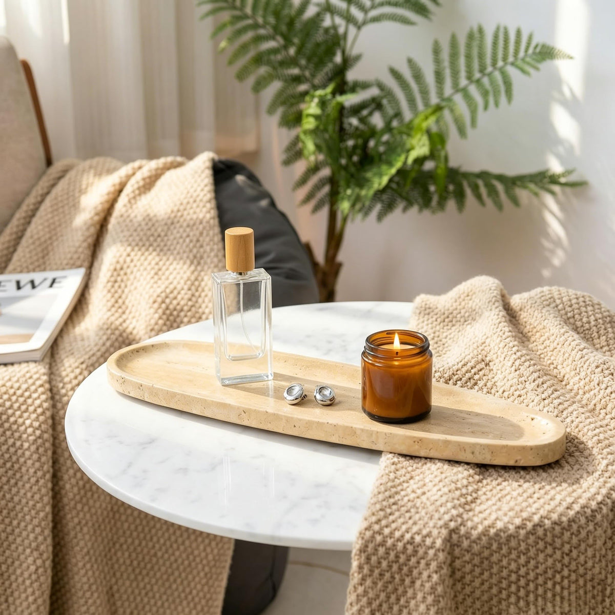 PracFit Natural Travertine Vanity Tray, 16.6"x4.6" Real Marble Decorative Tray for Bathroom Countertop & Home Decor, Catchall Organizer for Jewelry, Candles, Cosmetics & Perfume（Travertine）