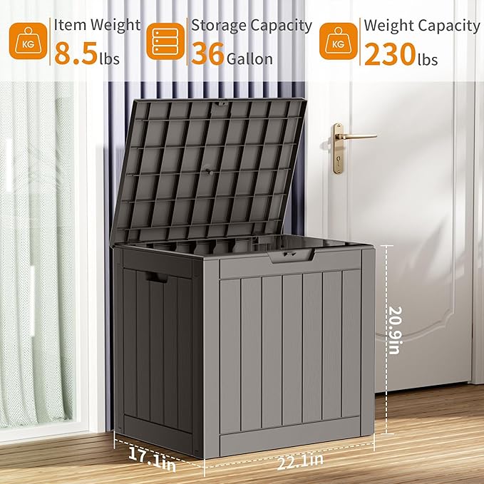 36 Gallon Outdoor Deck Box, Lockable Waterproof Outdoor Storage Boxes For Garden Tools,Indoor Cushions,Accessories Outside Storage Resin Weatherproof Container(Grey)
