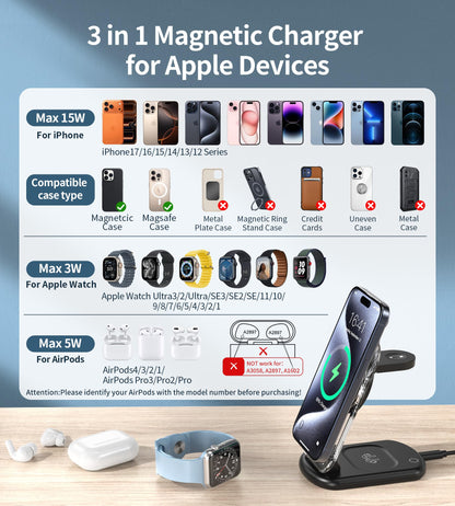3 in 1 Magnetic Wireless Charging Station for Apple Devices, Fast Foldable Travel Mag-Safe Charger Stand with Night Light for iPhone 17 16 15 14 13 12 Series, Apple Watch/AirPods Pro-Gift for Friends