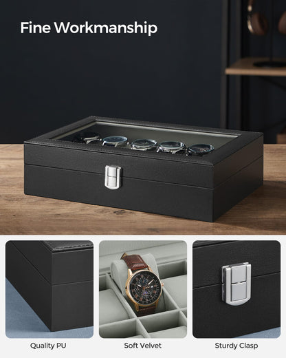 SONGMICS Watch Box, 12-Slot Watch Case Organizer with Large Glass Lid, Removable Pillows, Gift for Loved Ones, Black Synthetic Leather, Gray Lining UJWB12BK
