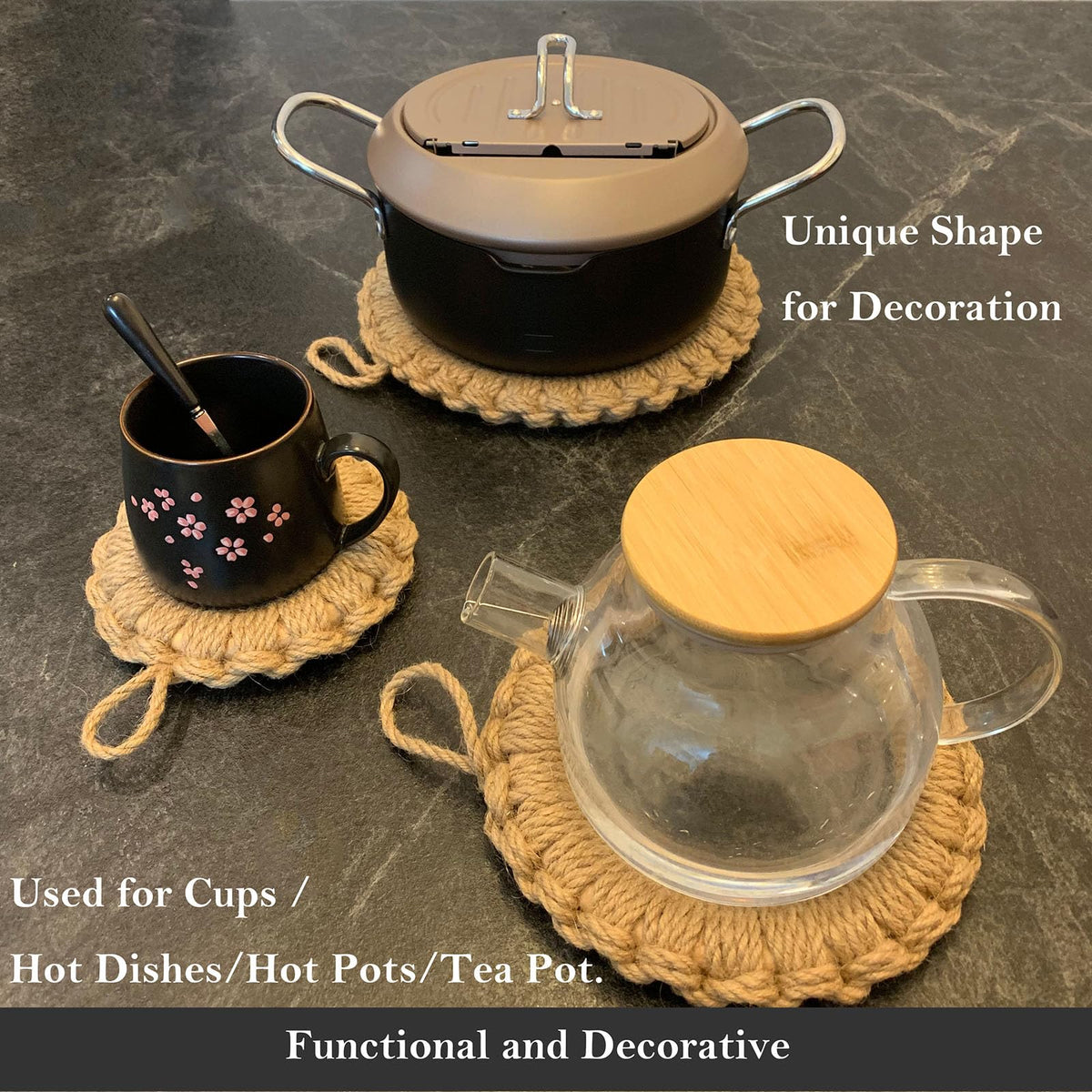 Trivets for Hot Dishes Round Jute Woven Trivet Set 3, Handwoven Trivet Mat for Duch Oven, Hot Pots, Pans, Teapot and Tabletop