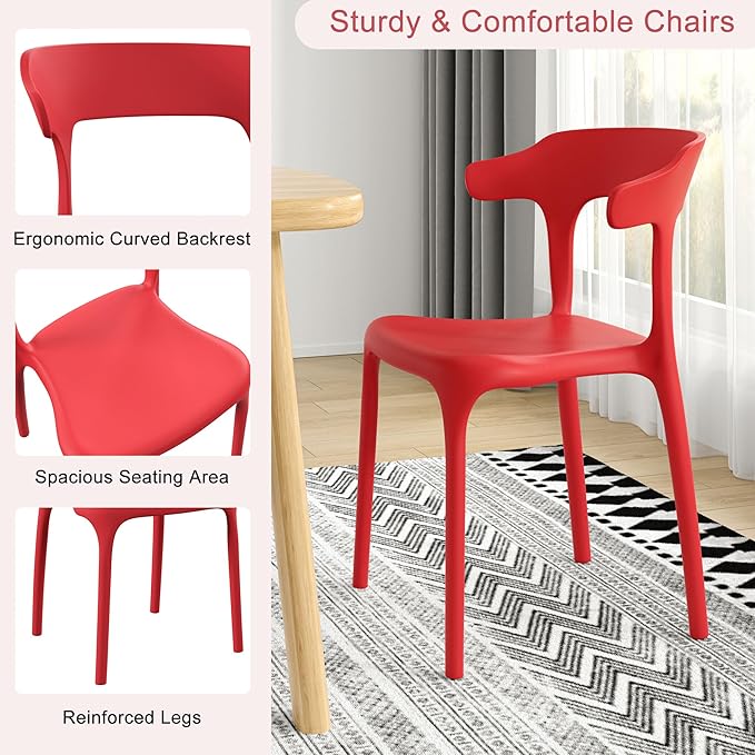 VECELO 4 Pack Plastic Stacking Chairs, Stackable Dining Chairs for Kitchen Restaurant Patio, Portable Indoor Outdoor Use, No Assembly Required, Red