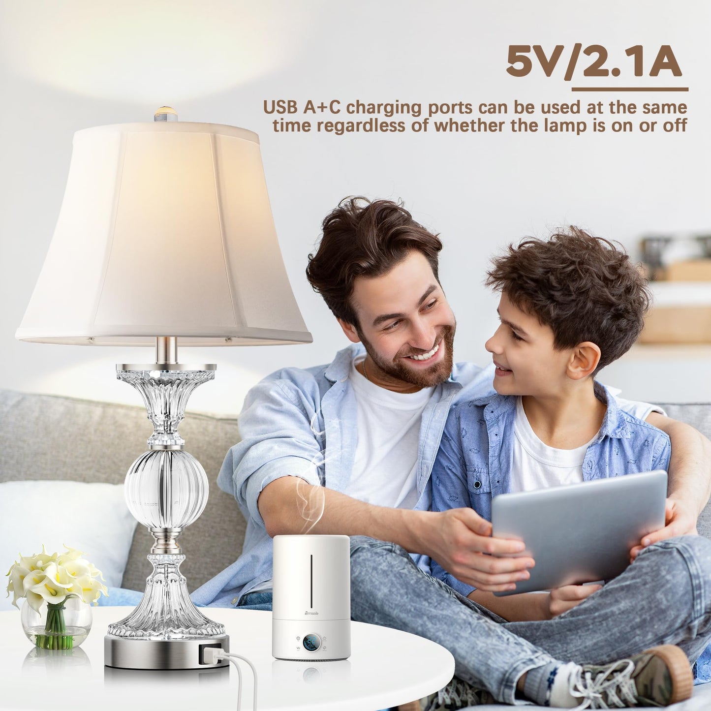 QiMH Glass Table Lamps for Living Room, Modern Table Lamp for Bedroom, Bedside Lamps Set of 2 with USB A+C Ports, 3-Way Dimmable Touch Lamp with Bulbs, Nightstand Lamp for Home Office Reading, Silver