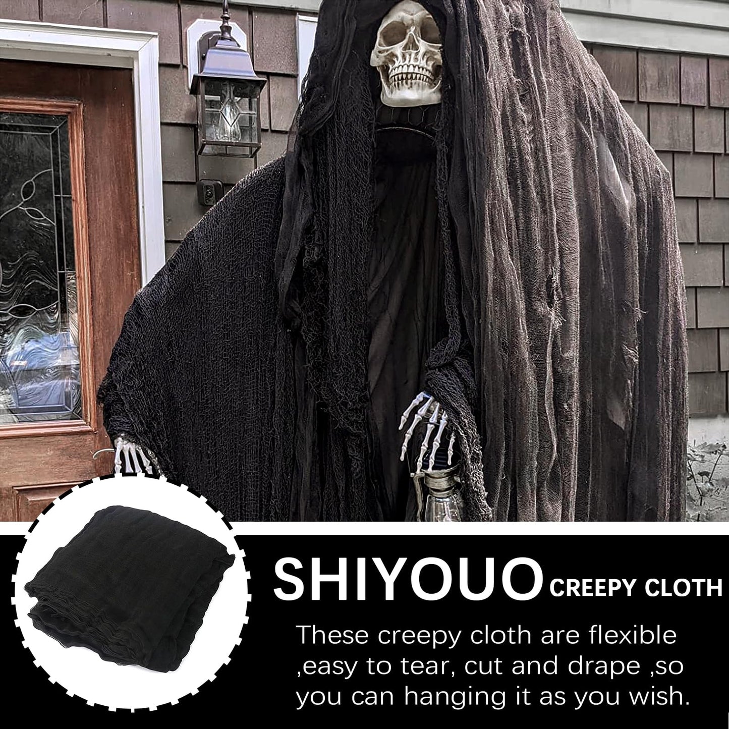 SHIYOUO 400" x 85" Halloween Black Creepy Cloth, Large Size Spooky Gauze Fabric, Halloween Scary Decoration for Haunted Houses Party Supplies Indoor Outdoor-Black 400" x 85"